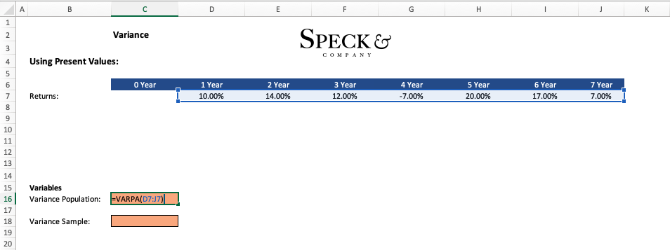 Variance in excel